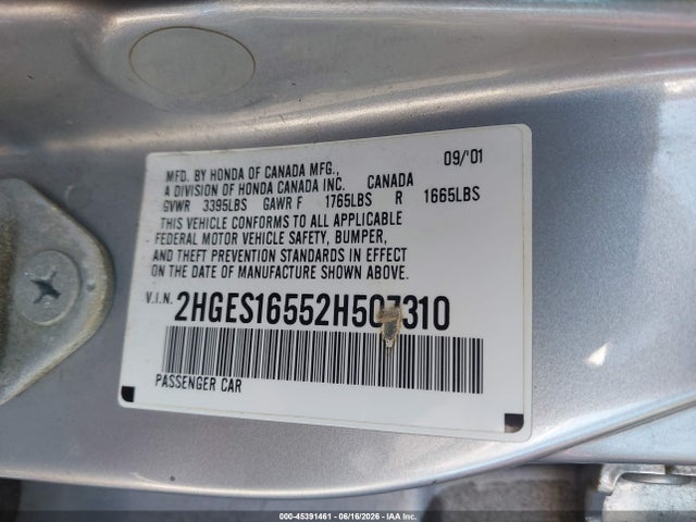 45391461 :رقم المزاد ، 2HGES16552H507310 vin ، 2002 Honda Civic Lx مزاد بيع