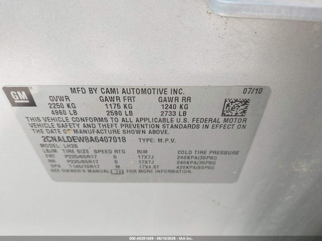 Aukcja sprzedaży 2010 Chevrolet Equinox Lt, vin: 2CNALDEW8A6407018, numer aukcji: 45391489
