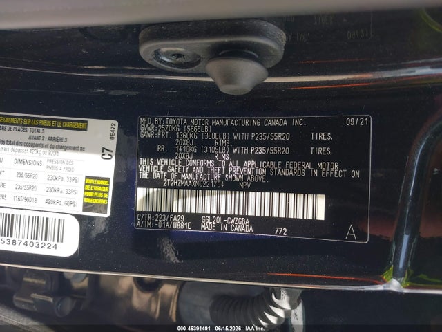 45391491 :رقم المزاد ، 2T2HZMAAXNC221704 vin ، 2022 Lexus Rx 350 مزاد بيع