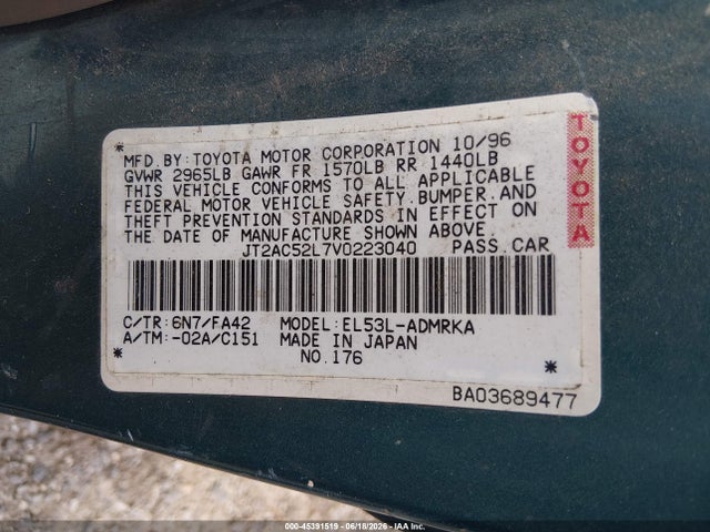 1997 Toyota Tercel Ce მანქანა იყიდება აუქციონზე, vin: JT2AC52L7V0223040, აუქციონის ნომერი: 45391519