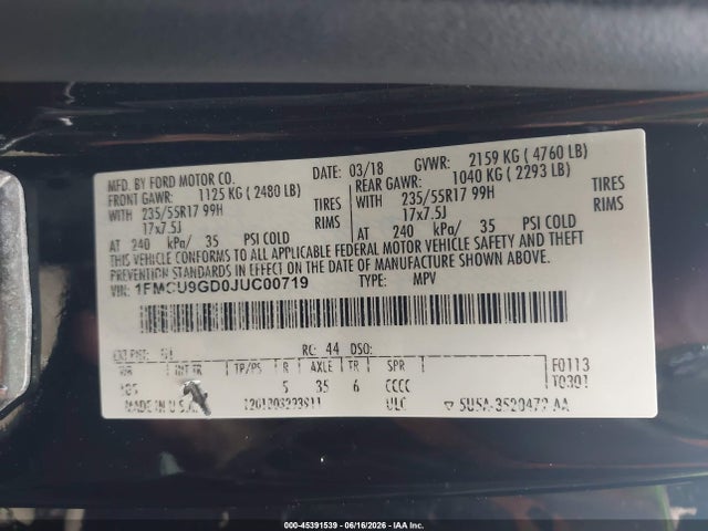 Продажа на аукционе авто 2018 Ford Escape Se, vin: 1FMCU9GD0JUC00719, номер лота: 45391539