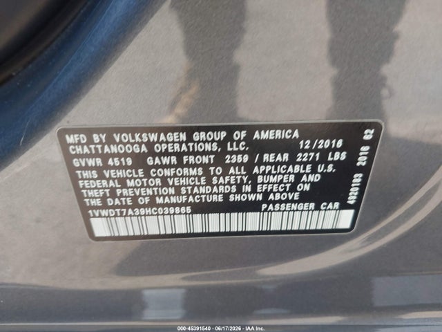 Aukcja sprzedaży 2017 Volkswagen Passat 1.8t R-line, vin: 1VWDT7A39HC039865, numer aukcji: 45391540