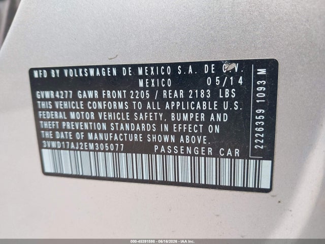 Продаж на аукціоні авто 2014 Volkswagen Jetta 1.8t Se, vin: 3VWD17AJ2EM305077, номер лоту: 45391598