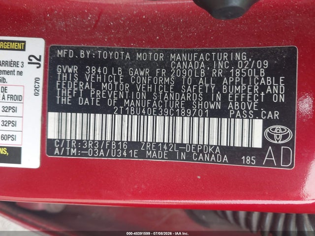 Продажа на аукционе авто 2009 Toyota Corolla Le, vin: 2T1BU40E39C189701, номер лота: 45391599