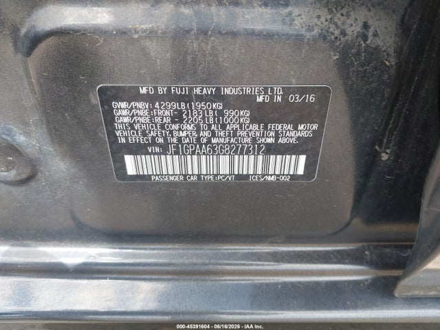 45391604 :رقم المزاد ، JF1GPAA63G8277312 vin ، 2016 Subaru Impreza 2.0i مزاد بيع