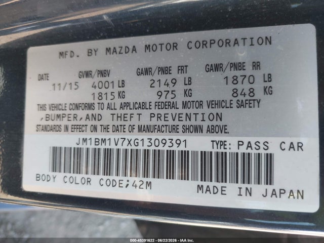 JM1BM1V7XG1309391 Mazda Mazda3 I Touring