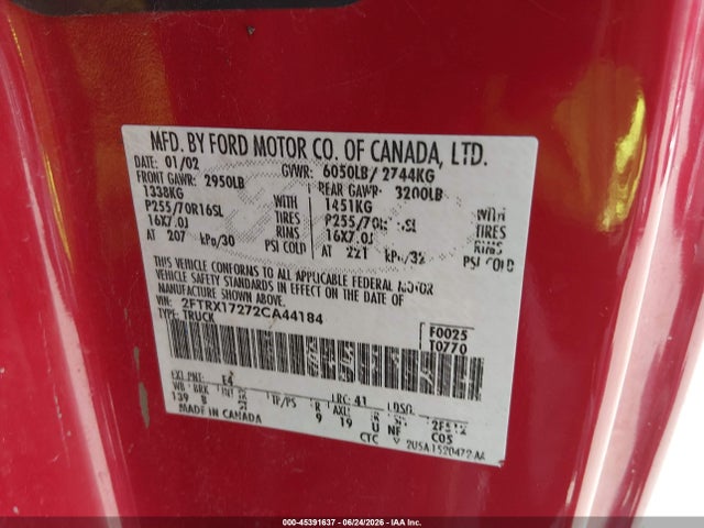 Продаж на аукціоні авто 2002 Ford F-150 Xl/xlt, vin: 2FTRX17272CA44184, номер лоту: 45391637