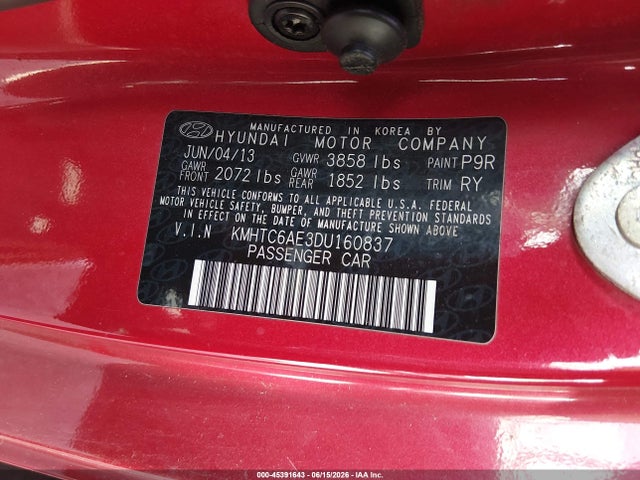 Продаж на аукціоні авто 2013 Hyundai Veloster Turbo W/black, vin: KMHTC6AE3DU160837, номер лоту: 45391643