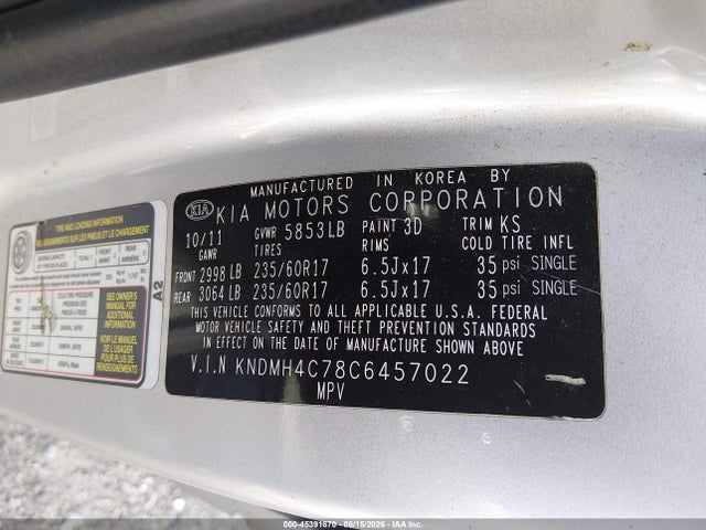 Aukcja sprzedaży 2012 Kia Sedona Ex, vin: KNDMH4C78C6457022, numer aukcji: 45391670