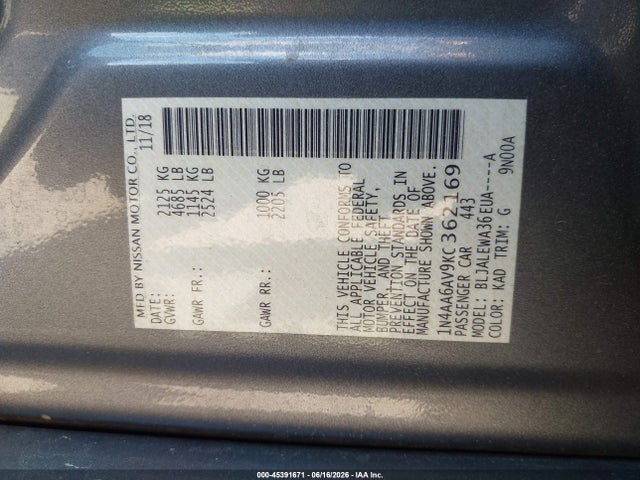 1N4AA6AV9KC362169 Nissan Maxima 3.5 Sl