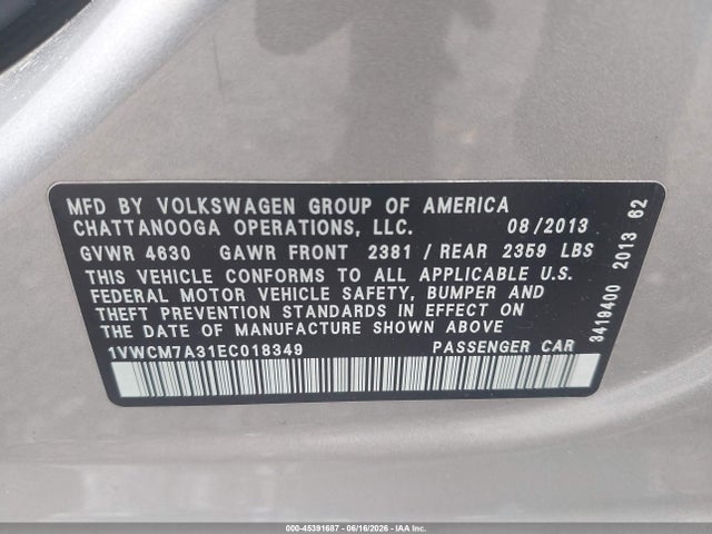 45391687 :رقم المزاد ، 1VWCM7A31EC018349 vin ، 2014 Volkswagen Passat 3.6l V6 Sel Premium مزاد بيع