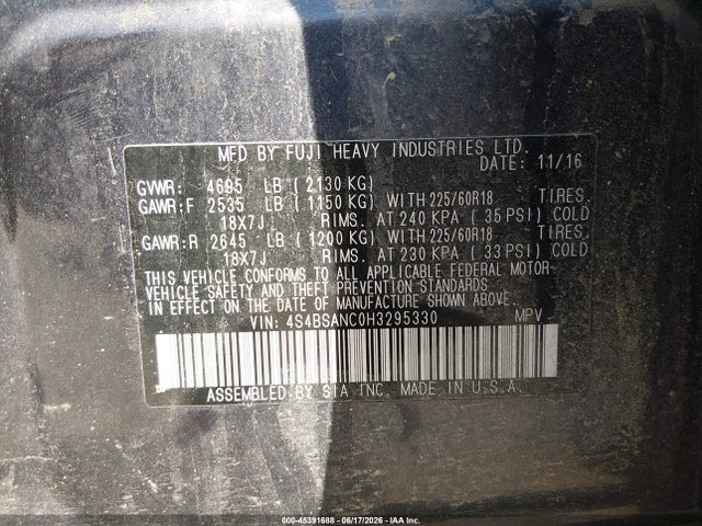 2017 Subaru Outback 2.5i Limited მანქანა იყიდება აუქციონზე, vin: 4S4BSANC0H3295330, აუქციონის ნომერი: 45391688