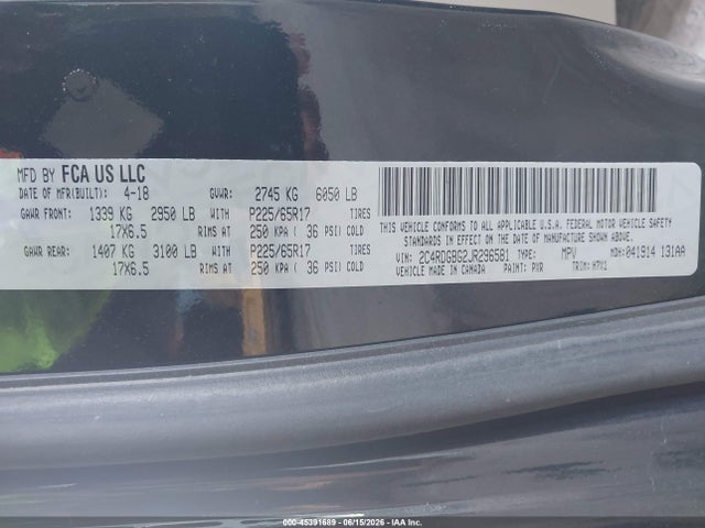 Продажа на аукционе авто 2018 Dodge Grand Caravan Se, vin: 2C4RDGBG2JR296581, номер лота: 45391689