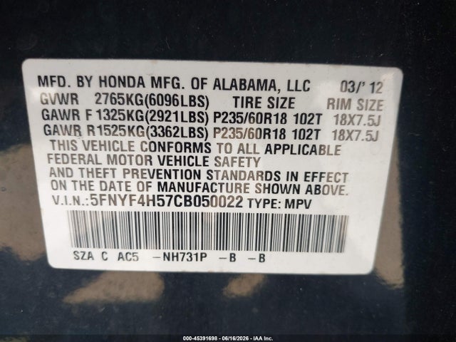 45391698 :رقم المزاد ، 5FNYF4H57CB050022 vin ، 2012 Honda Pilot Ex-l مزاد بيع
