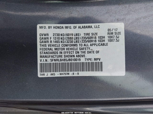 5FNRL6H85JB010019 Honda Odyssey Touring
