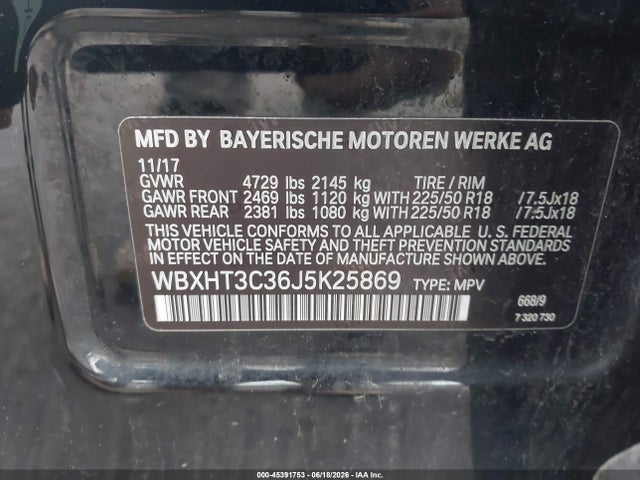 45391753 :رقم المزاد ، WBXHT3C36J5K25869 vin ، 2018 Bmw X1 Xdrive28i مزاد بيع