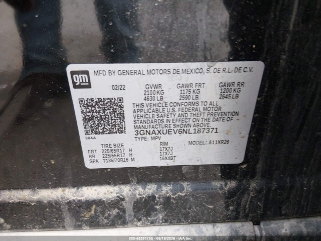 Aukcja sprzedaży 2022 Chevrolet Equinox Awd Lt, vin: 3GNAXUEV6NL187371, numer aukcji: 45391755