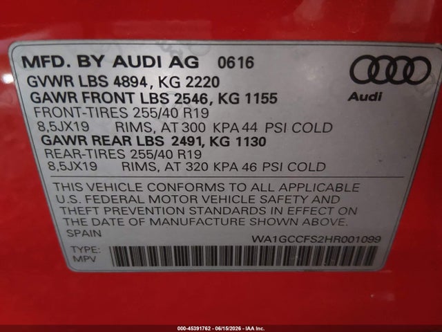 Aukcja sprzedaży 2017 Audi Q3 2.0t Premium, vin: WA1GCCFS2HR001099, numer aukcji: 45391762
