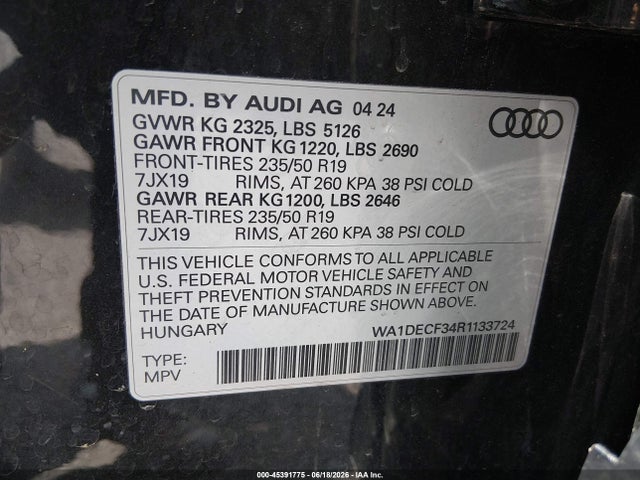 Продажа на аукционе авто 2024 Audi Q3 Premium 45 Tfsi S Line Quattro Tiptronic, vin: WA1DECF34R1133724, номер лота: 45391775