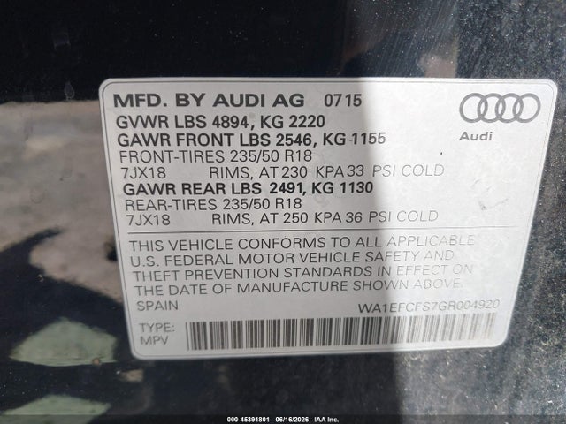 Aukcja sprzedaży 2016 Audi Q3 2.0t Premium Plus, vin: WA1EFCFS7GR004920, numer aukcji: 45391801