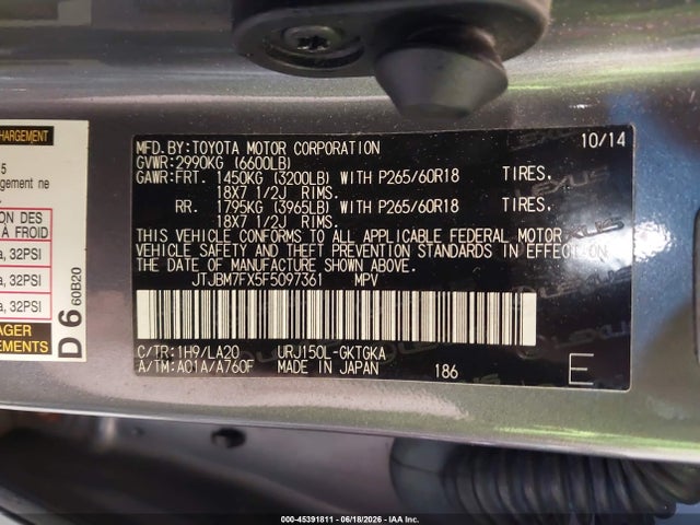 45391811 :رقم المزاد ، JTJBM7FX5F5097361 vin ، 2015 Lexus Gx 460 مزاد بيع