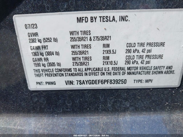 2023 Tesla Model Y Performance Dual Motor All-wheel Drive მანქანა იყიდება აუქციონზე, vin: 7SAYGDEF6PF839250, აუქციონის ნომერი: 45391821