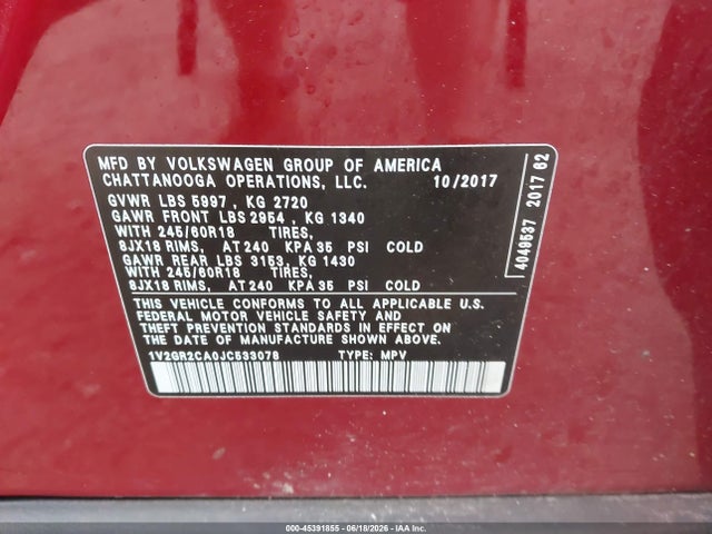 2018 Volkswagen Atlas 3.6l V6 S მანქანა იყიდება აუქციონზე, vin: 1V2GR2CA0JC533078, აუქციონის ნომერი: 45391855
