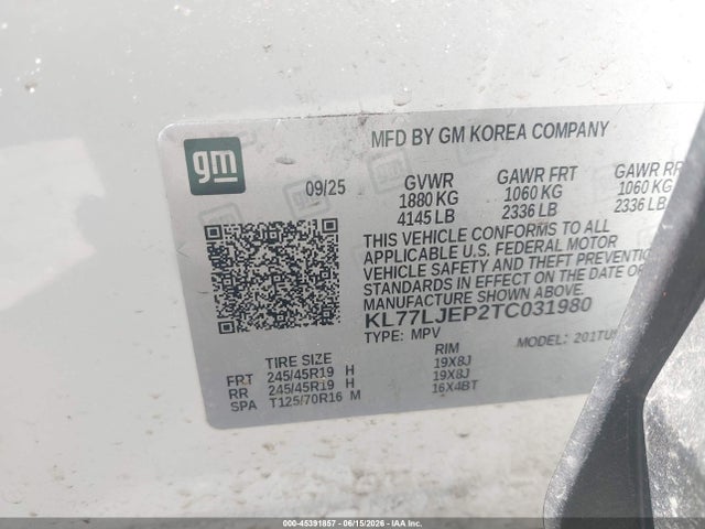 Aukcja sprzedaży 2026 Chevrolet Trax Fwd 2rs, vin: KL77LJEP2TC031980, numer aukcji: 45391857