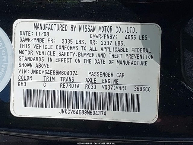 Продажа на аукционе авто 2009 Infiniti G37 Journey, vin: JNKCV64E89M604374, номер лота: 45391858