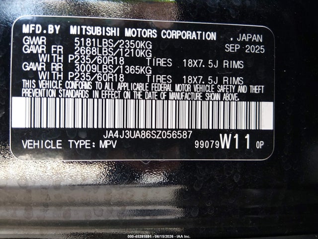 Aukcja sprzedaży 2025 Mitsubishi Outlander Es 2.5 2wd, vin: JA4J3UA86SZ056587, numer aukcji: 45391891