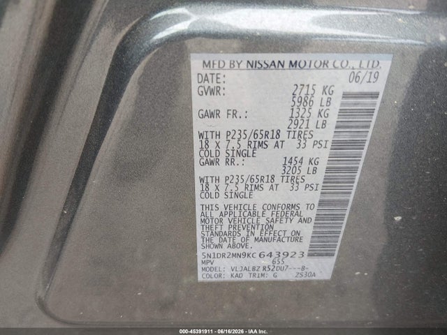 2019 Nissan Pathfinder S მანქანა იყიდება აუქციონზე, vin: 5N1DR2MN9KC643923, აუქციონის ნომერი: 45391911