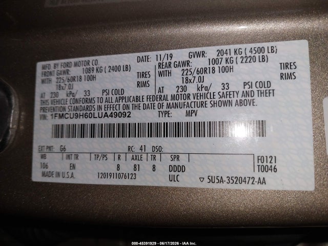 Продажа на аукционе авто 2020 Ford Escape Sel, vin: 1FMCU9H60LUA49092, номер лота: 45391929