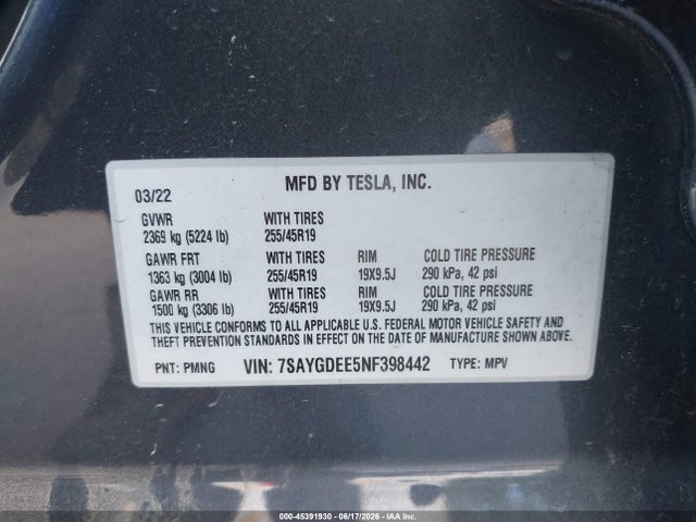 45391930 :رقم المزاد ، 7SAYGDEE5NF398442 vin ، 2022 Tesla Model Y Long Range Dual Motor All-wheel Drive مزاد بيع