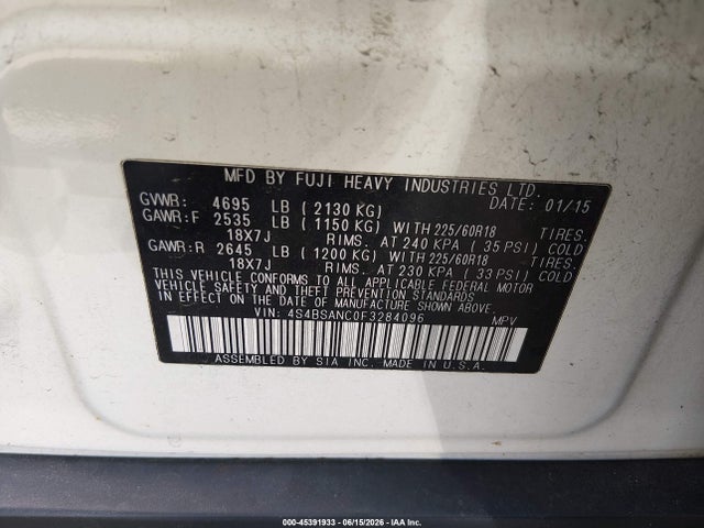 Aukcja sprzedaży 2015 Subaru Outback 2.5i Limited, vin: 4S4BSANC0F3284096, numer aukcji: 45391933