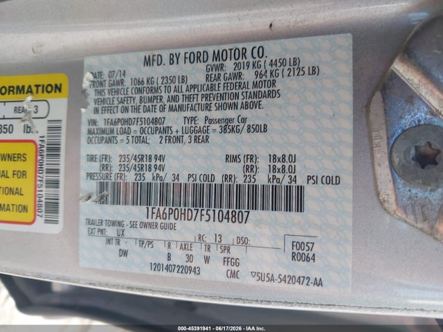 Aukcja sprzedaży 2015 Ford Fusion Se, vin: 1FA6P0HD7F5104807, numer aukcji: 45391941