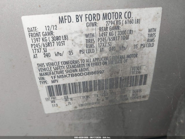 45391958 :رقم المزاد ، 1FM5K7B80DGB86997 vin ، 2013 Ford Explorer مزاد بيع