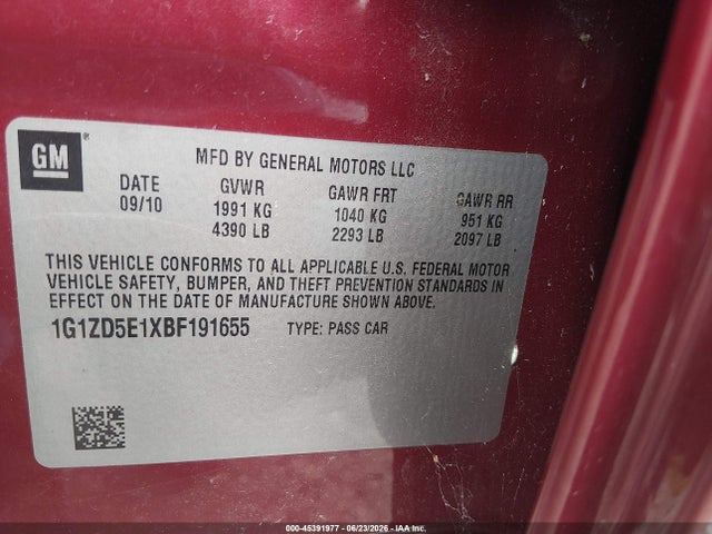 45391977 :رقم المزاد ، 1G1ZD5E1XBF191655 vin ، 2011 Chevrolet Malibu 2lt مزاد بيع