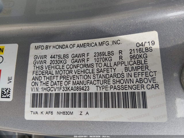 1HGCV1F33KA089423 Honda Accord Sport