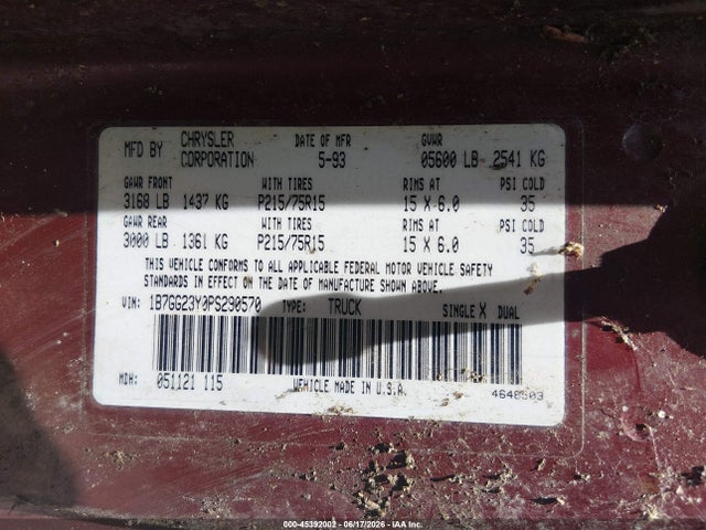 Продаж на аукціоні авто 1993 Dodge Dakota, vin: 1B7GG23Y0PS290570, номер лоту: 45392002