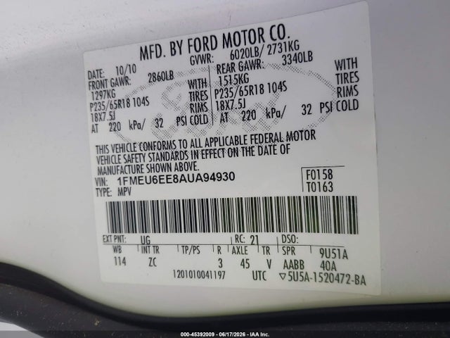 Продажа на аукционе авто 2010 Ford Explorer Eddie Bauer, vin: 1FMEU6EE8AUA94930, номер лота: 45392009