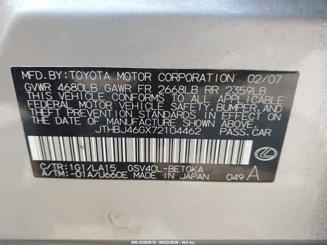 Продаж на аукціоні авто 2007 Lexus Es 350, vin: JTHBJ46GX72104462, номер лоту: 45392015