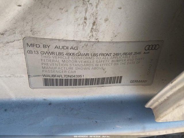 Продажа на аукционе авто 2013 Audi A4 2.0t Premium, vin: WAUBFAFL7DN043951, номер лота: 45392034