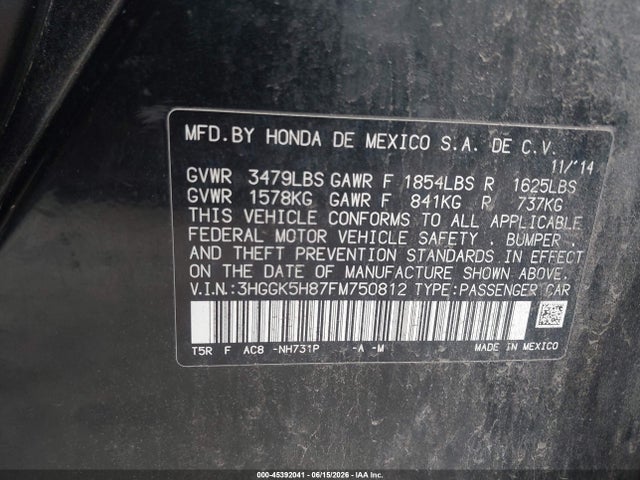 Aukcja sprzedaży 2015 Honda Fit Ex/ex-l, vin: 3HGGK5H87FM750812, numer aukcji: 45392041