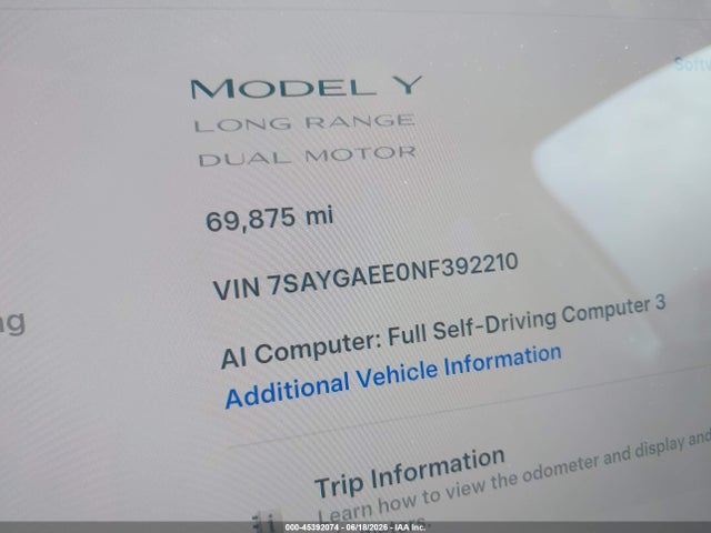 Aukcja sprzedaży 2022 Tesla Model Y Long Range Dual Motor All-wheel Drive, vin: 7SAYGAEE0NF392210, numer aukcji: 45392074