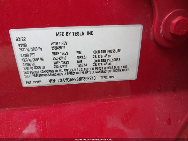 Aukcja sprzedaży 2022 Tesla Model Y Long Range Dual Motor All-wheel Drive, vin: 7SAYGAEE0NF392210, numer aukcji: 45392074