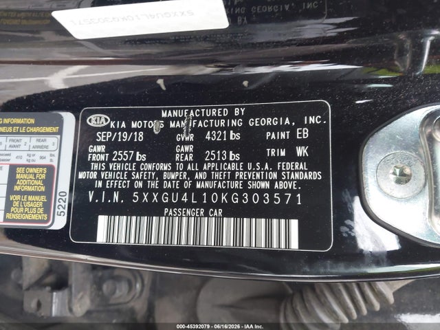 Продажа на аукционе авто 2019 Kia Optima Ex, vin: 5XXGU4L10KG303571, номер лота: 45392079