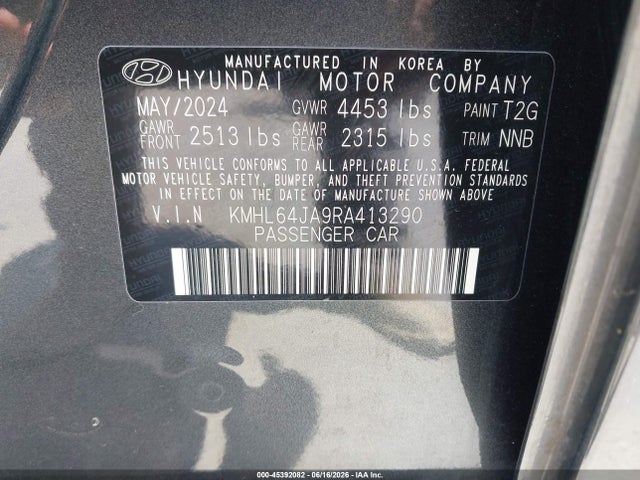 45392082 :رقم المزاد ، KMHL64JA9RA413290 vin ، 2024 Hyundai Sonata Sel مزاد بيع