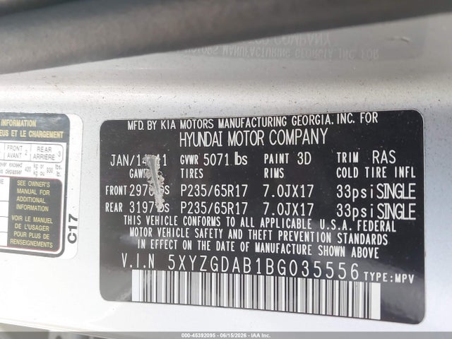 Aukcja sprzedaży 2011 Hyundai Santa Fe Gls, vin: 5XYZGDAB1BG035556, numer aukcji: 45392095