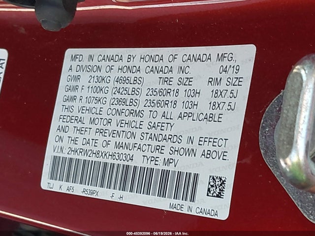 2HKRW2H8XKH630304 Honda Cr-v Ex-l