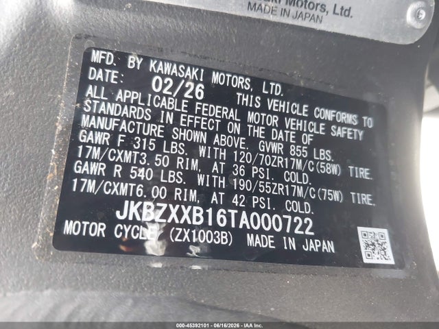 2026 Kawasaki Zx1000 მანქანა იყიდება აუქციონზე, vin: JKBZXXB16TA000722, აუქციონის ნომერი: 45392101